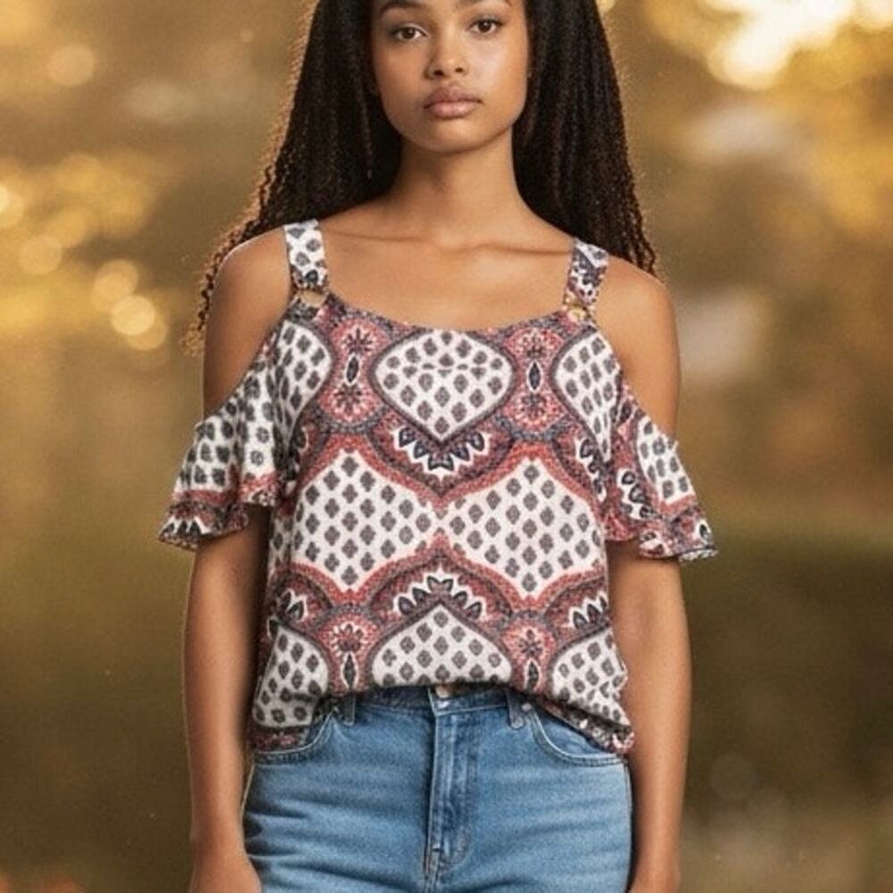 Perseption Concept Top Red Cold Shoulder Blouse Wide Strap Square Neck M